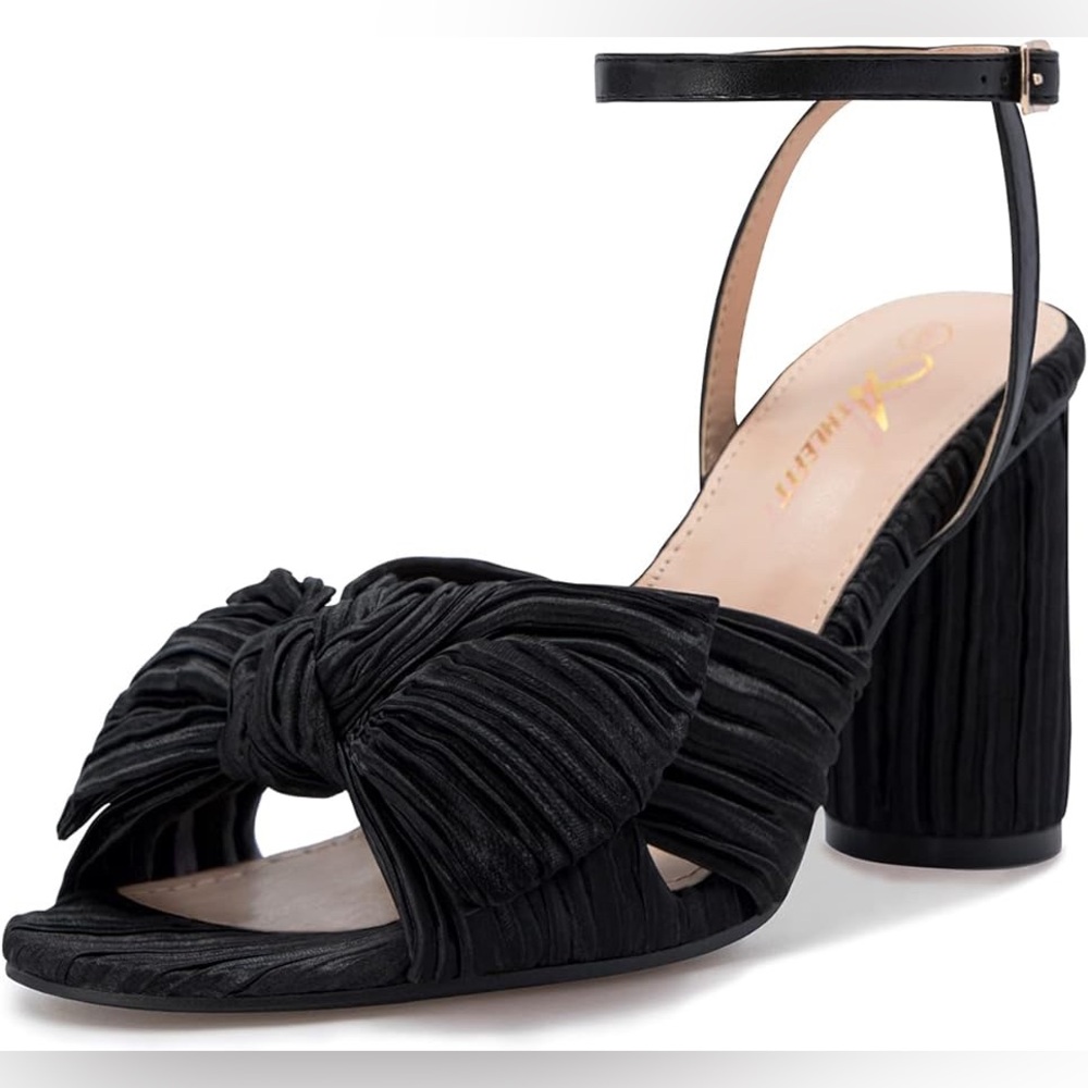 Athlefit Women's Open Toe Chunky Heels Pleated Bow Ankle Strap heel